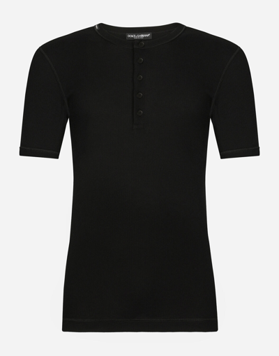 Dolce & Gabbana Fine-rib Cotton Granddad-neck T-shirt In Black