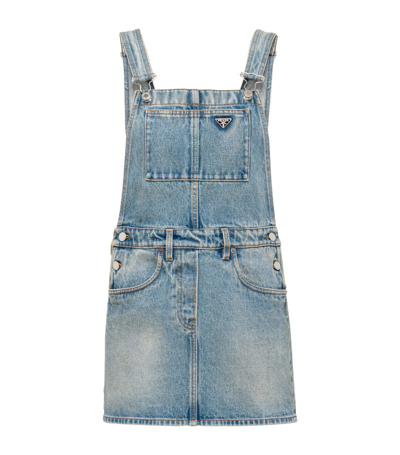 Prada Logo-plaque Denim Bib Dress In Blue