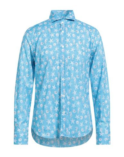 Fedeli Man Shirt Azure Size 15 Cotton, Elastane In Blue