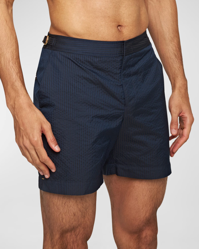 Orlebar Brown Bulldog Tonal Seersucker Mid-length Swim Shorts In Night Iris