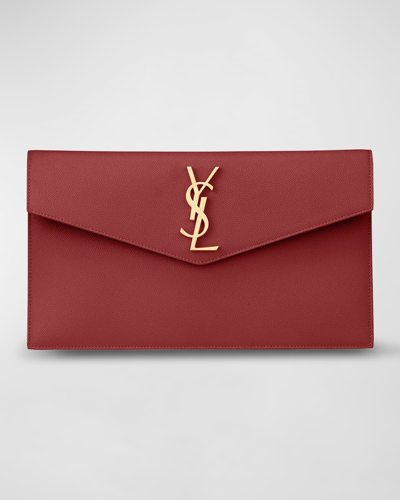 Saint Laurent Uptown Medium Ysl Monogram Grain De Poudre Pouch Bag In Dark Red