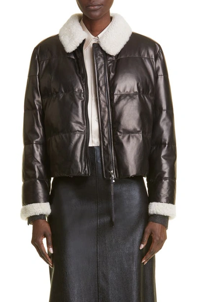 Brunello Cucinelli Glossy Napa Leather Puffer Jacket With Shearling Trim In Cpn67 Black