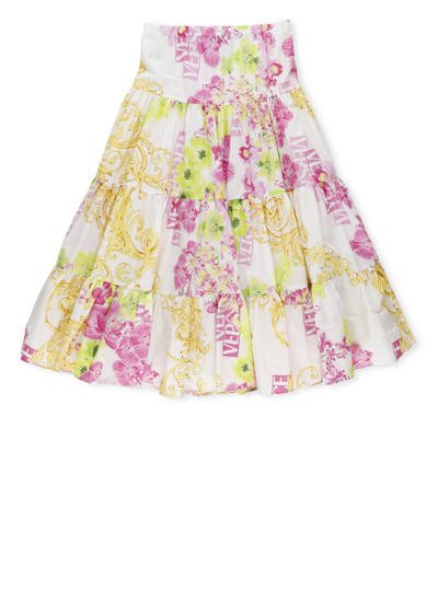 Versace Kids Logo Orchid Printed Pleated Skirt In Multi