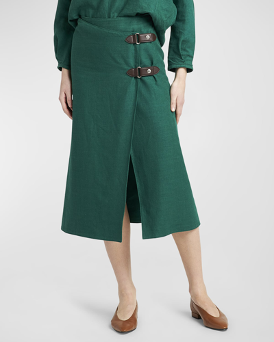 Loro Piana Structured Linen Midi Skirt With Leather Belted Detail In Green