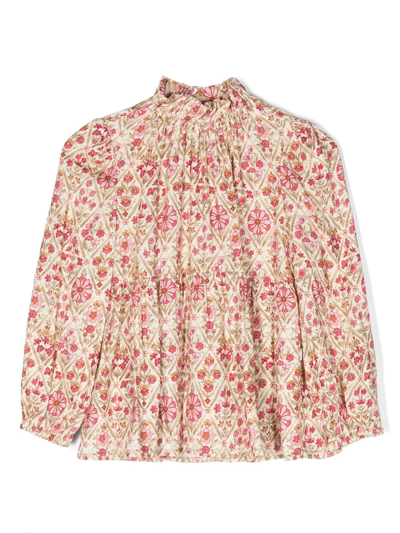Il Gufo Kids' Floral-print Frilled Blouse In Neutrals