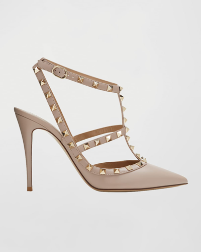 Valentino Garavani Roman Stud Pointed Caged Pumps In Poudre