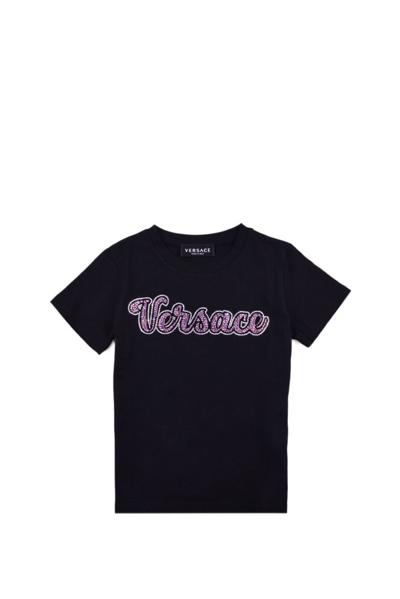 Versace Kids' 晶饰logo T恤 In Black