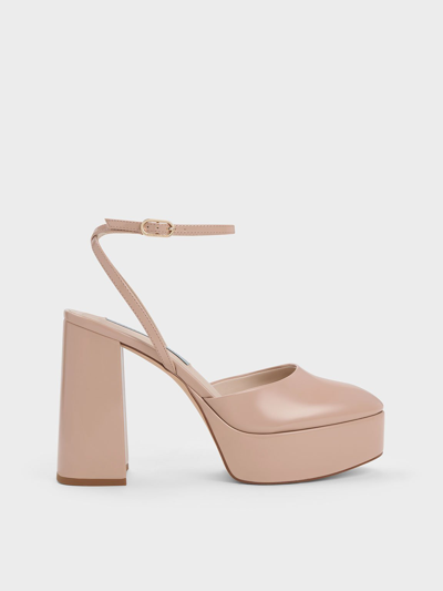 Charles & Keith Patent Platform Ankle-strap Pumps In Nude