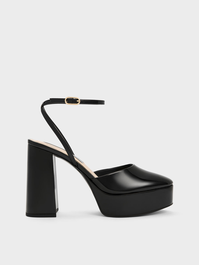 Charles & Keith Patent Platform Ankle-strap Pumps In Black Patent