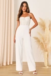 LULUS ELOQUENTLY ENTICING WHITE AND BEIGE LACE BUSTIER JUMPSUIT