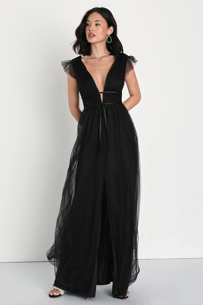Lulus I'm All Yours Black Tulle Ruffled Maxi Dress