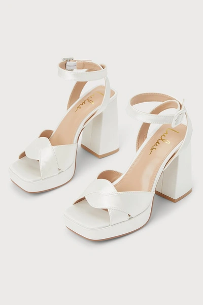 Lulus Nellita White Satin Platform Ankle Strap High Heels