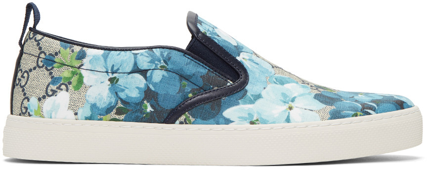 Gucci Beige & Navy Gg Supreme Floral Slip-On Sneakers | ModeSens