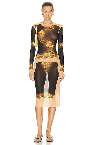 Jean Paul Gaultier Floral Mesh Midi Dress In Beige