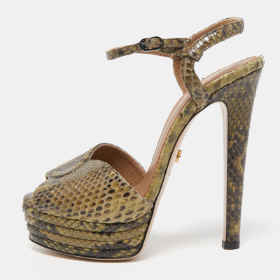 Pre-owned Le Silla Green Python Ankle Strap Platform Sandals Size 40