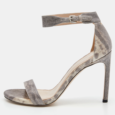 Pre-owned Stuart Weitzman Grey/beige Karung Leather Ankle Strap Open Toe Sandals Size 39.5