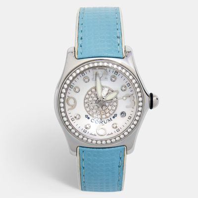 Pre-owned Corum Mother Of Pearl Stainless Steel Diamond Bubble 39.151.47 Women's Wristwatch 36 Mm In Blue