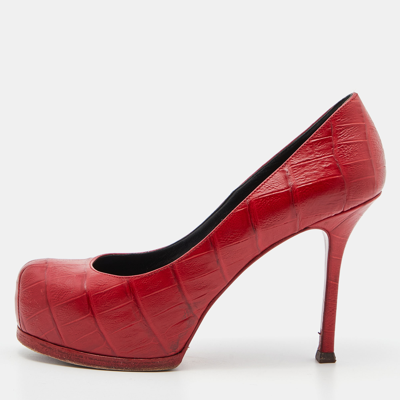 Pre-owned Saint Laurent Red Croc Embossed Leather Tribtoo Platform Pumps Size 37