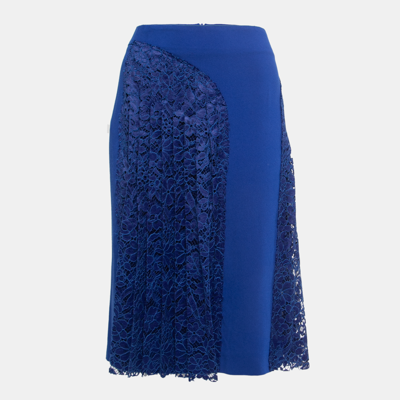 Pre-owned Joseph Blue Crepe Pleated Lace Paneled Knee Length Skirt M
