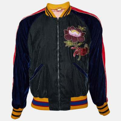 Pre-owned Gucci Green Velvet Embroidery Detail Bomber Jacket S