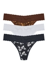 Natori Bliss Perfection O/s Thong 3 Pack In Java Luxe Leopard Print/rainy/midnight Navy Poppy Print