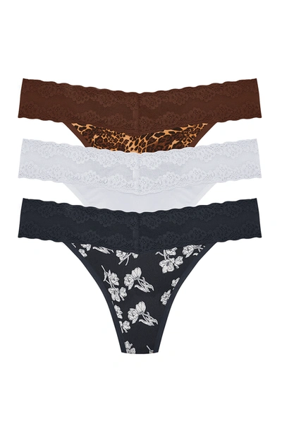 Natori Bliss Perfection O/s Thong 3 Pack In Java Luxe Leopard Print/rainy/midnight Navy Poppy Print