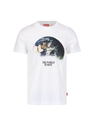 Diesel T-shirt With Digital Globe Print In Bianco