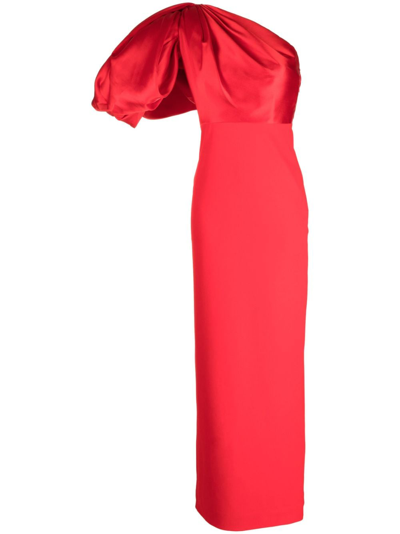 Solace London Karli One-shoulder Gathered Faille And Stretch-crepe Maxi Dress In Red