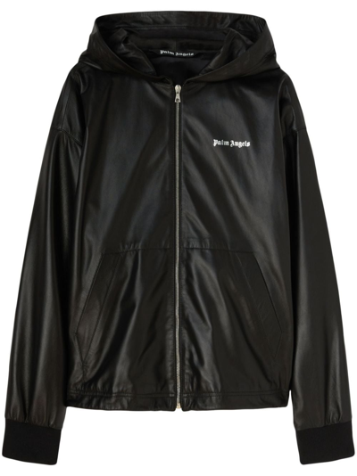Palm Angels Logo-print Hooded Leather Jacket In Schwarz