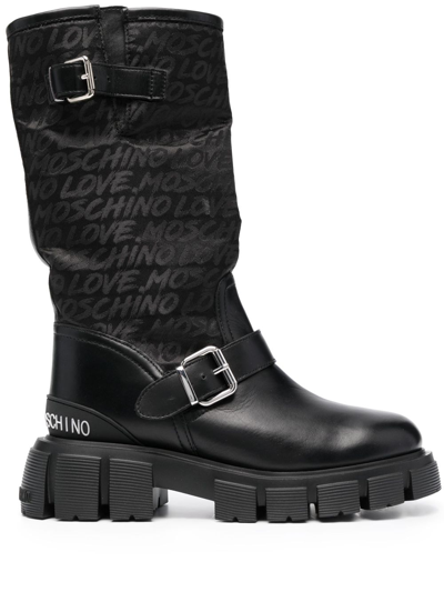 Love Moschino Logo提花皮质中筒靴 In Black