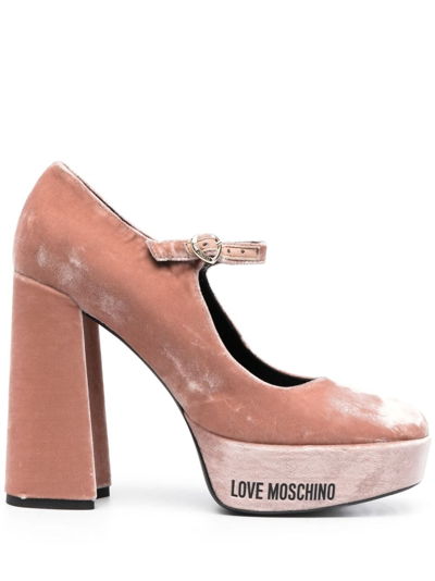 Love Moschino Samtpumps Mit Logo-print 120mm In Pink