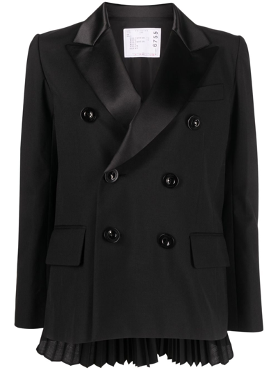 Sacai Pleated-detail Double-breasted Blazer In Black