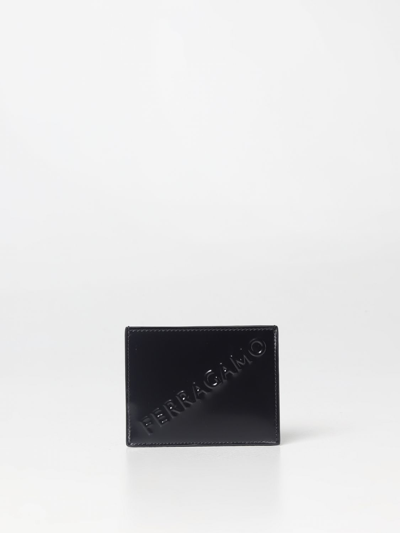 Ferragamo Credit Card Holder In Brushed Leather In Black