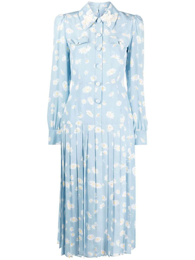 Alessandra Rich Floral Silk Shirt Dress In Blue