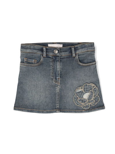 Monnalisa Kids' Floral-embroidered Denim Skirt In Denim Blue + Ecru