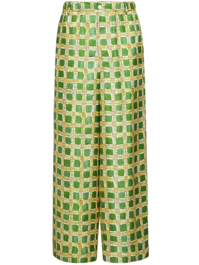 Marni Checked Silk Wide-leg Trousers In Green