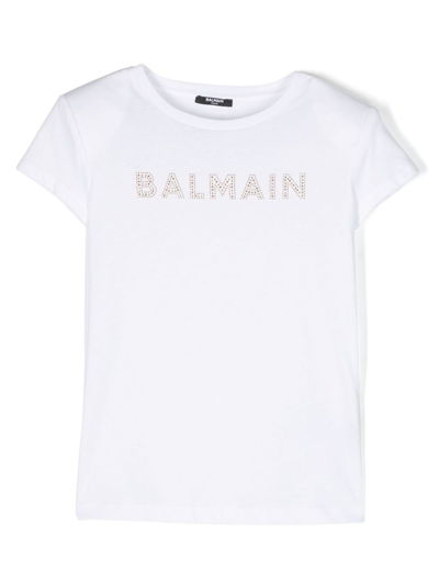 Balmain Kids' 铆钉缀饰logo棉t恤 In White/silver