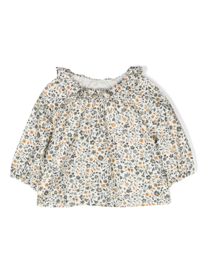 Teddy & Minou Babies' Floral-print Cotton Blouse In White