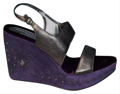 Pre-owned Donald Pliner Couture Metallic Leather Wedge Shoe Suede Embroidery $275 In Purple