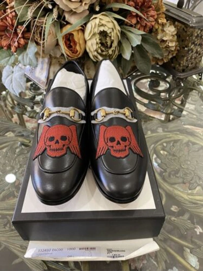 Pre-owned Gucci Vintage Authentic  Mens 9,9.5 Lambskin Skull Brixton Horsebit Loafers In Black