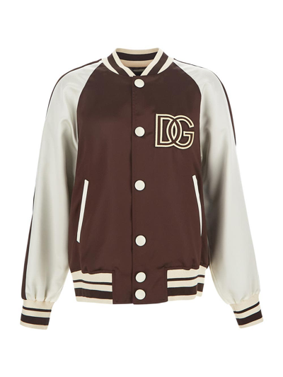 Dolce & Gabbana Logo-patch Colour-block Bomber Jacket In Brown,white