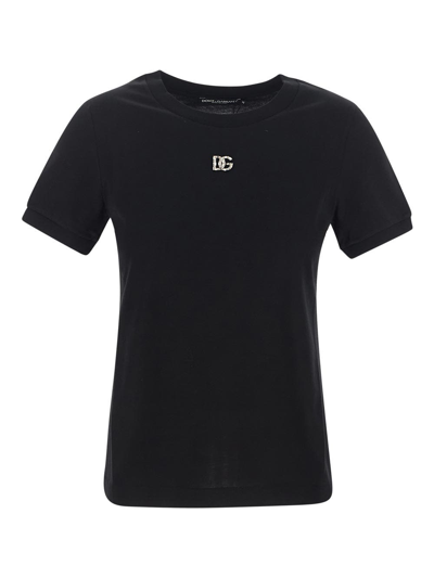 Dolce & Gabbana Embellished Cotton Jersey T-shirt In Black