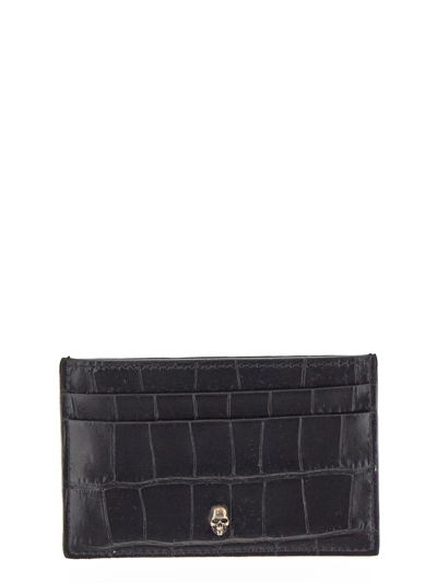 Alexander Mcqueen Embossed Croc Card Holder In Black