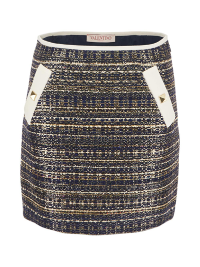 Valentino Roman Stud Tweed Party Mini Skirt In Navy/ivory/gold