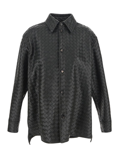 Bottega Veneta Intrecciato Oversized Leather Shirt In Black