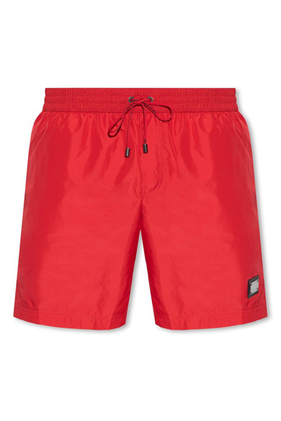 Dolce & Gabbana Logo Embossed Drawstring Swim Shorts In Red