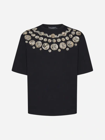Dolce & Gabbana Coin Print Cotton T-shirt In Black,gold