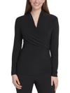 DKNY PETITES WOMENS SURPLICE KNIT PULLOVER TOP