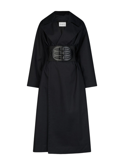 Alaïa Long Trench Coat With Leather Corset Belt In Black