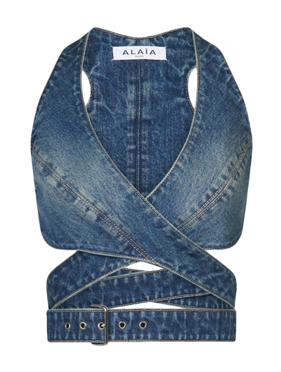 Alaïa Wrap-around Denim Bralette In Blue